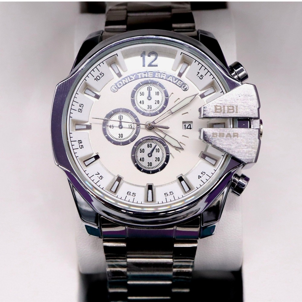 BIBI Only the Brave Quartz Watch Deep Silver Tone & White K7073 w/ Box